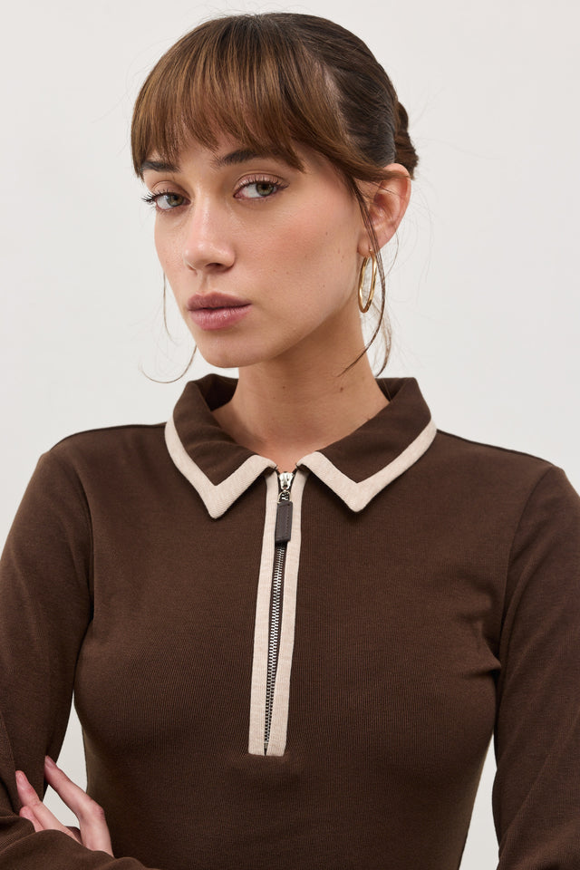 חולצת זיפר פולו ארוכה חום שוקולד בז'