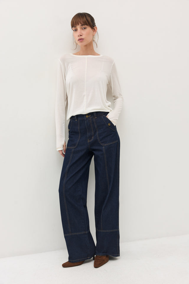 מכנסי ג'ינס קאנולי דיטייל תיפורים כחול כהה