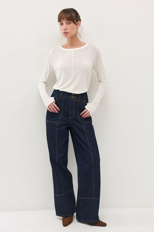 מכנסי ג'ינס קאנולי דיטייל תיפורים כחול כהה