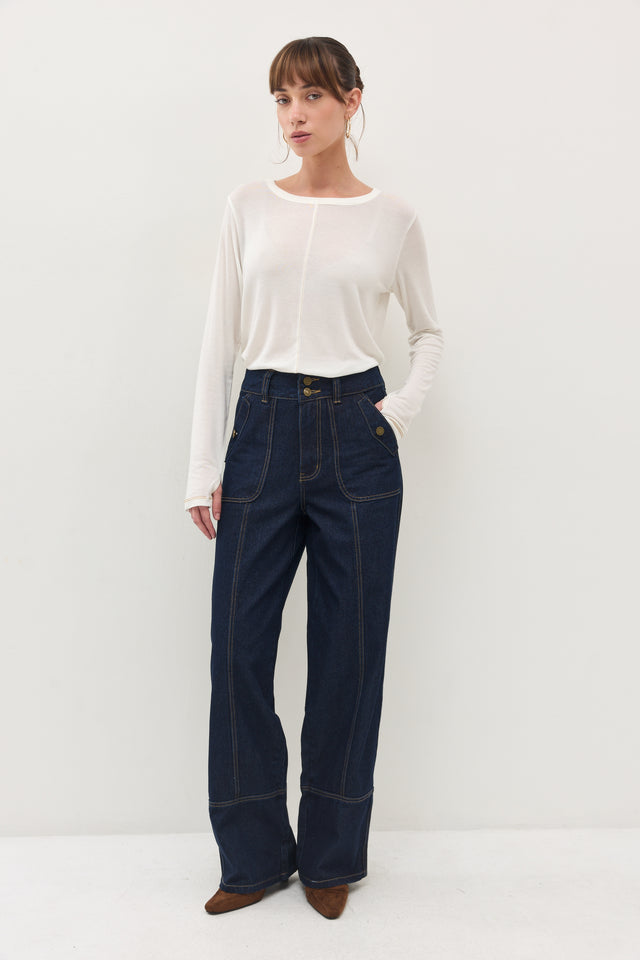 מכנסי ג'ינס קאנולי דיטייל תיפורים כחול כהה