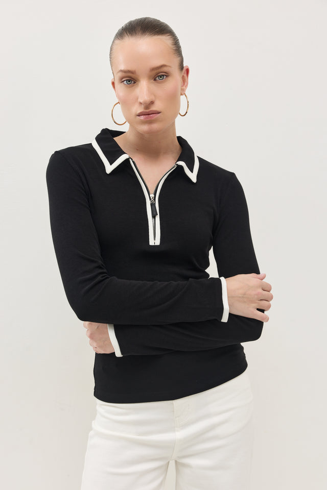 חולצת זיפר פולו ארוכה שחור לבן