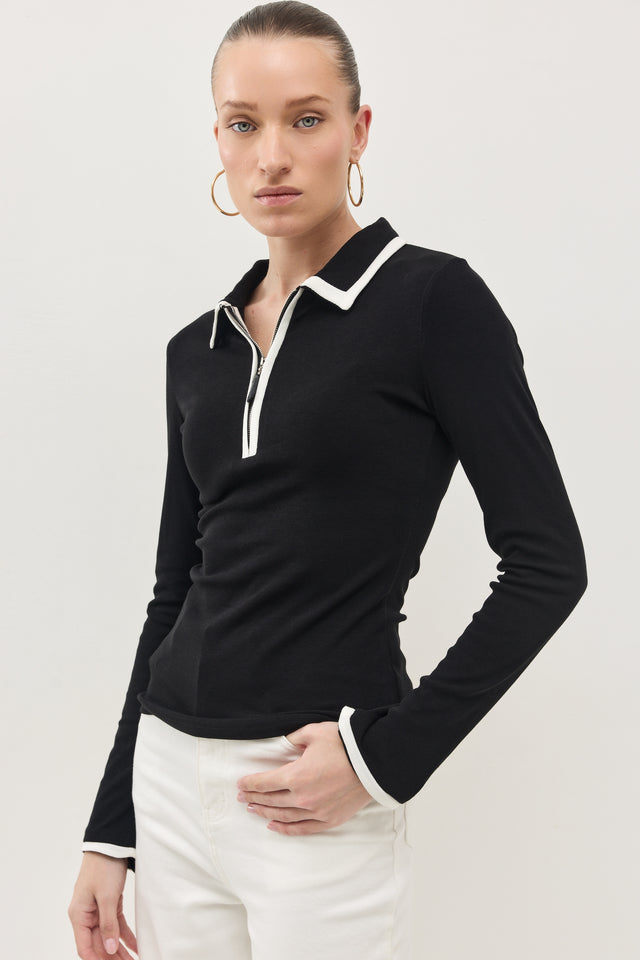 חולצת זיפר פולו ארוכה שחור לבן