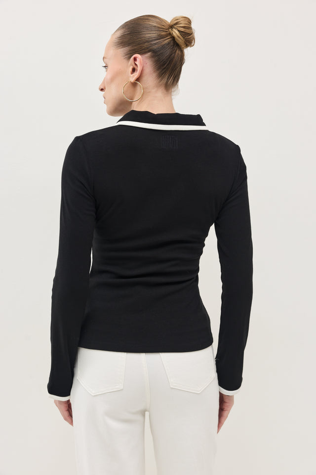 חולצת זיפר פולו ארוכה שחור לבן