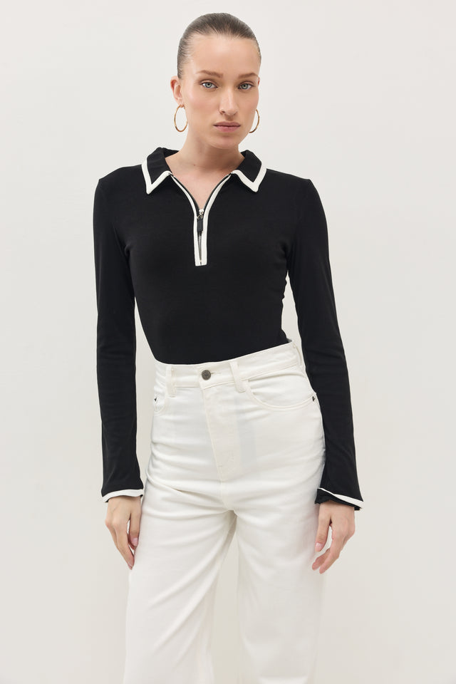 חולצת זיפר פולו ארוכה שחור לבן