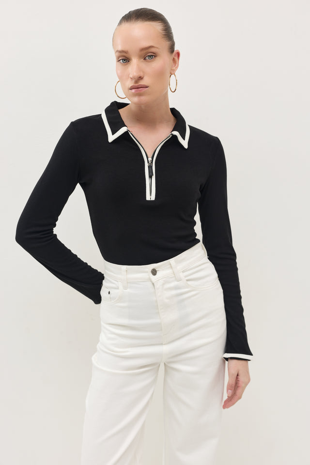 חולצת זיפר פולו ארוכה שחור לבן