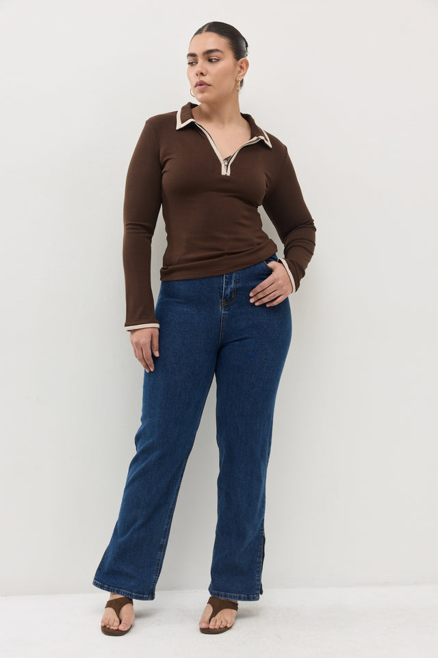 מכנסי ג'ינס גולדי ארוך דיטייל מפתח צדדי כחול כהה