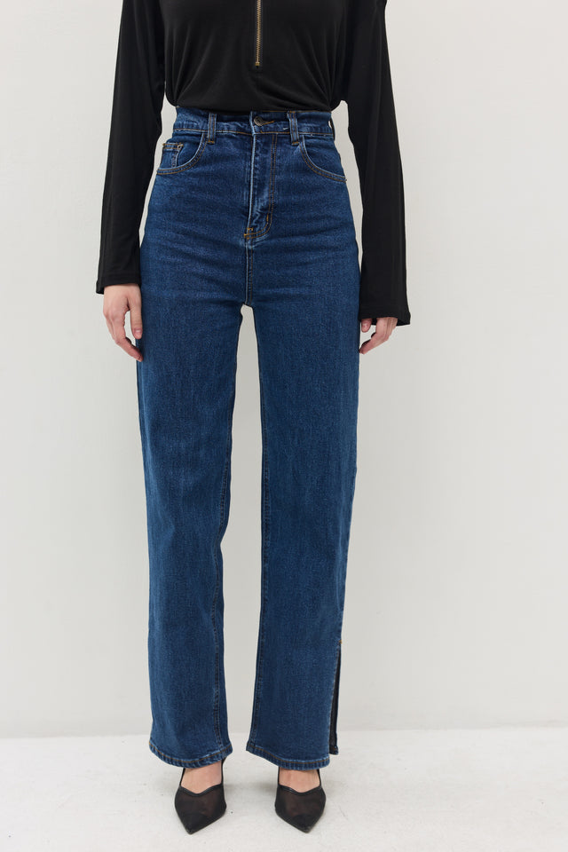 מכנסי ג'ינס גולדי ארוך דיטייל מפתח צדדי כחול כהה