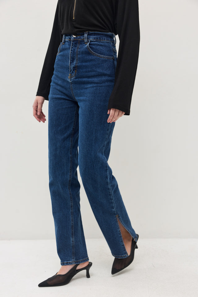 מכנסי ג'ינס גולדי ארוך דיטייל מפתח צדדי כחול כהה