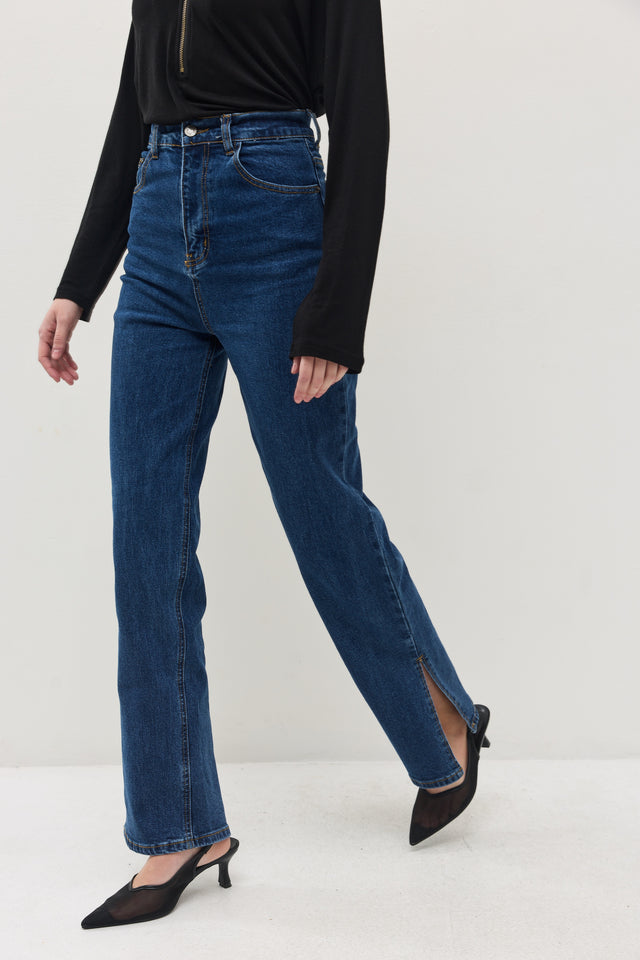 מכנסי ג'ינס גולדי ארוך דיטייל מפתח צדדי כחול כהה