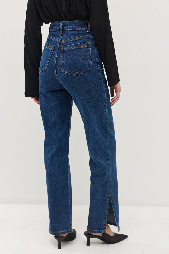 מכנסי ג'ינס גולדי ארוך דיטייל מפתח צדדי כחול כהה