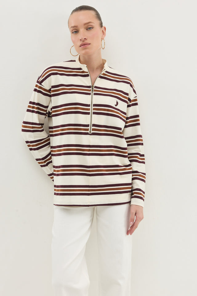 חולצת זיפר ספייסי שרוול ארוך חום פסים