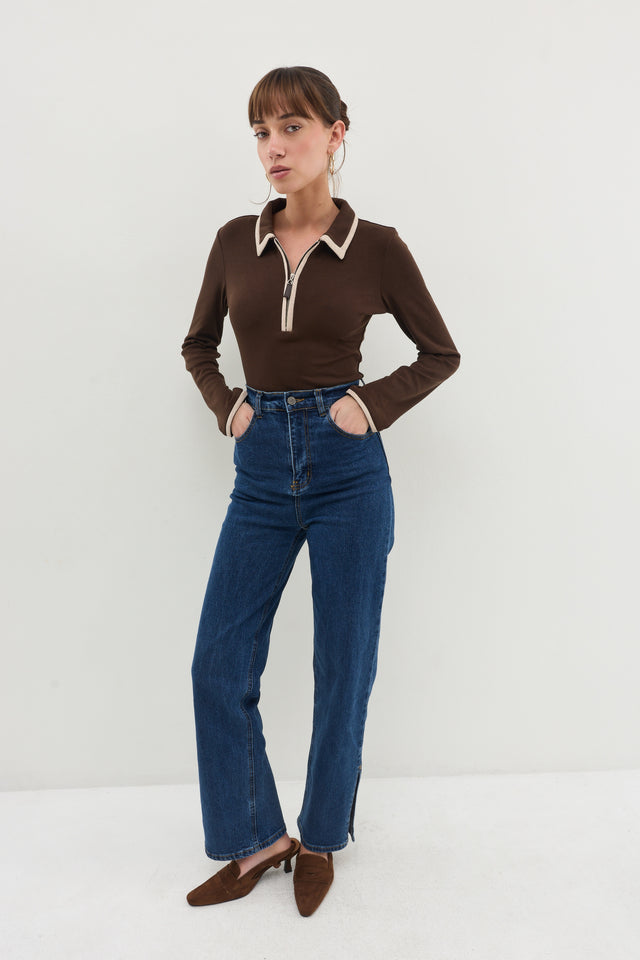 מכנסי ג'ינס גולדי ארוך דיטייל מפתח צדדי כחול כהה