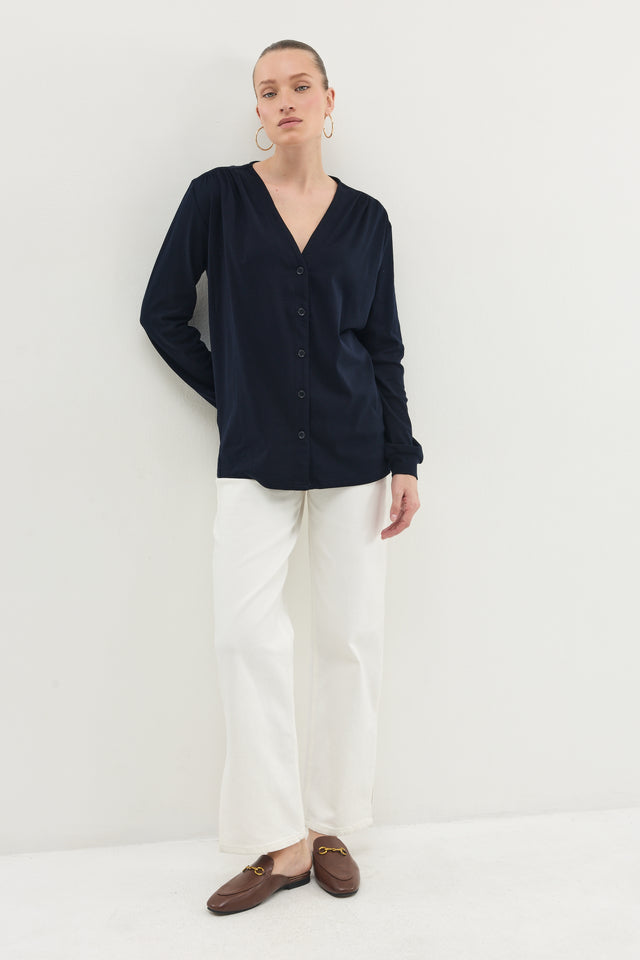 חולצת דילן מכופתרת מפתח וי כיווצים ריב נייבי