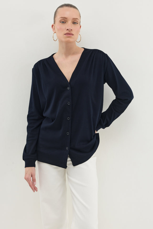 חולצת דילן מכופתרת מפתח וי כיווצים ריב נייבי