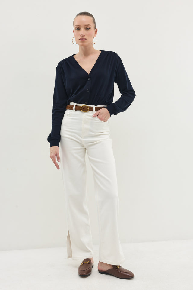 חולצת דילן מכופתרת מפתח וי כיווצים ריב נייבי