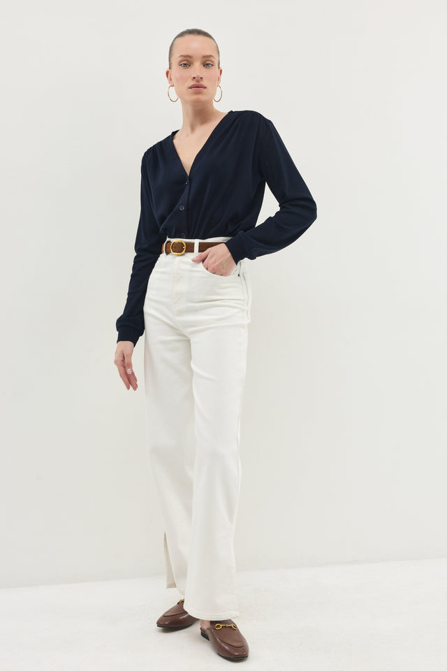 חולצת דילן מכופתרת מפתח וי כיווצים ריב נייבי