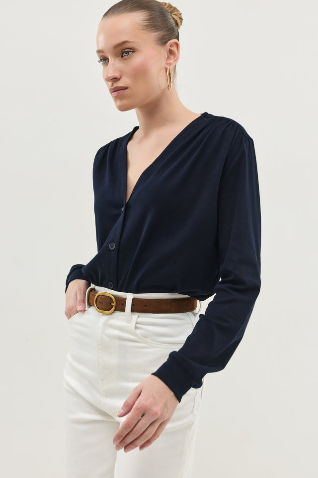 חולצת דילן מכופתרת מפתח וי כיווצים ריב נייבי