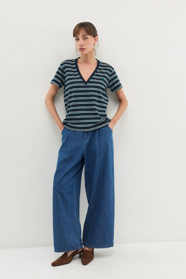 חולצת וי קוקיז פסים מפתח וי קצרה נייבי