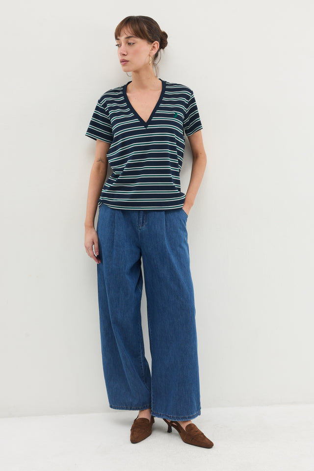 חולצת וי קוקיז פסים מפתח וי קצרה נייבי