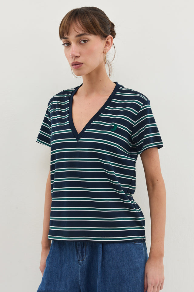 חולצת וי קוקיז פסים מפתח וי קצרה נייבי