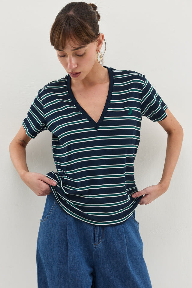 חולצת וי קוקיז פסים מפתח וי קצרה נייבי