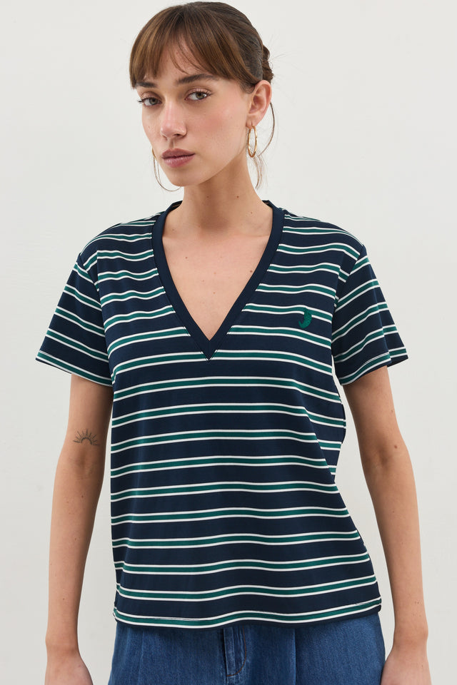 חולצת וי קוקיז פסים מפתח וי קצרה נייבי