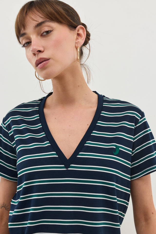 חולצת וי קוקיז פסים מפתח וי קצרה נייבי