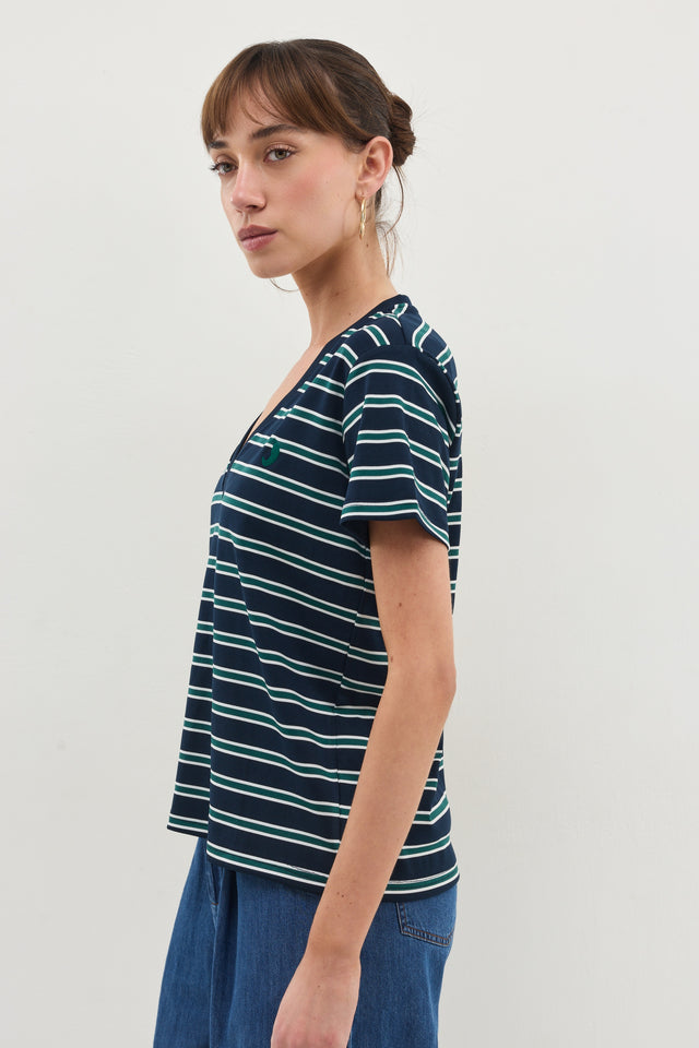 חולצת וי קוקיז פסים מפתח וי קצרה נייבי