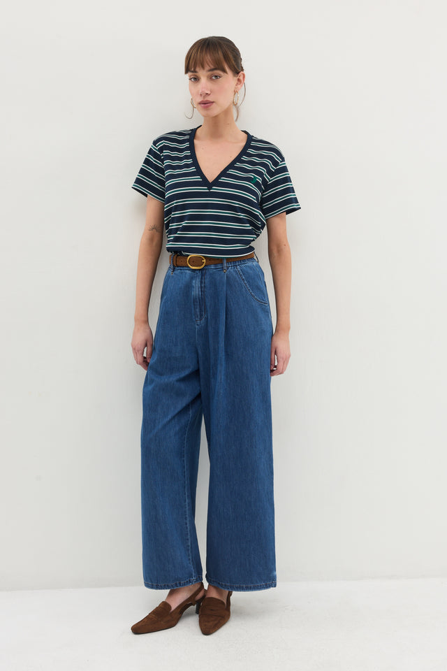 חולצת וי קוקיז פסים מפתח וי קצרה נייבי