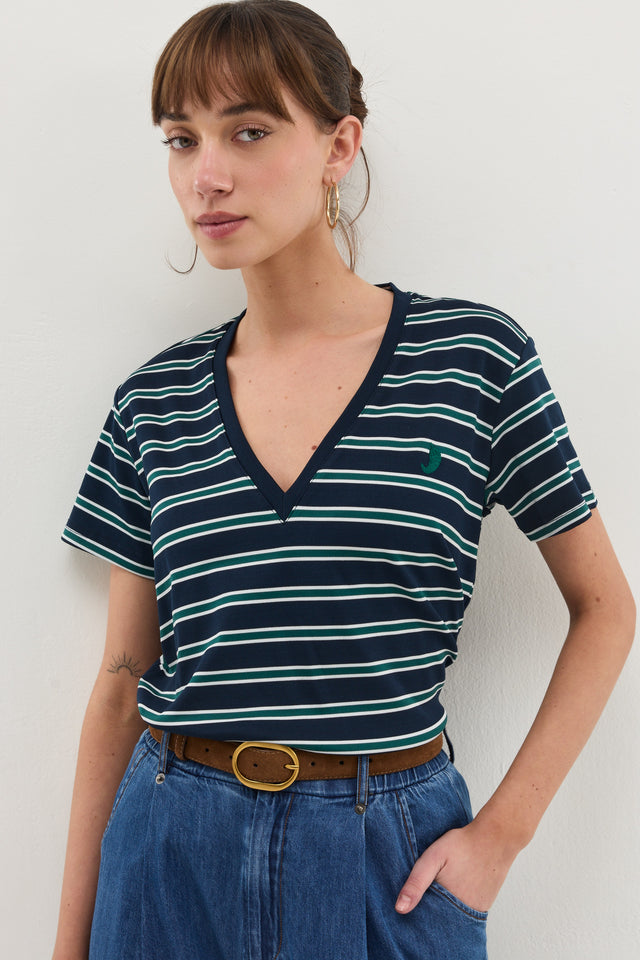 חולצת וי קוקיז פסים מפתח וי קצרה נייבי