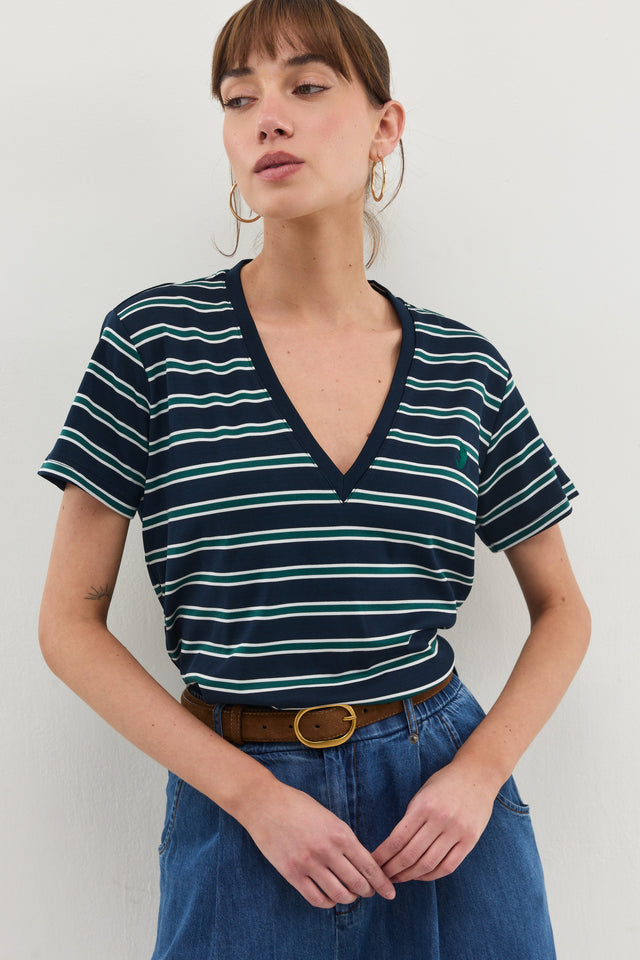 חולצת וי קוקיז פסים מפתח וי קצרה נייבי