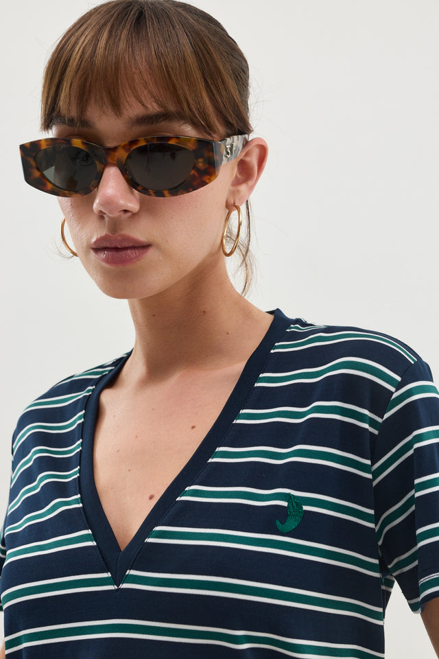 חולצת וי קוקיז פסים מפתח וי קצרה נייבי