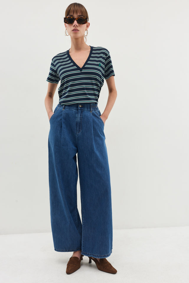 חולצת וי קוקיז פסים מפתח וי קצרה נייבי