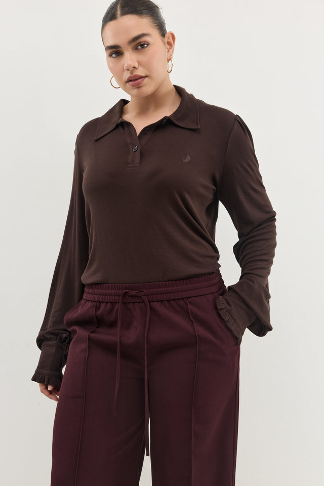 חולצת באן פולו שרוולים תפוחים חום שוקולד