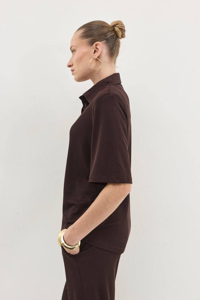 חולצת ספיריט וונט ריב צווארון תחרה חום