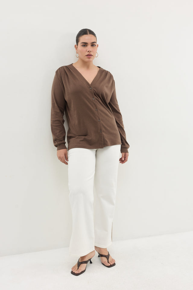 חולצת דילן מכופתרת מפתח וי כיווצים ריב נייבי