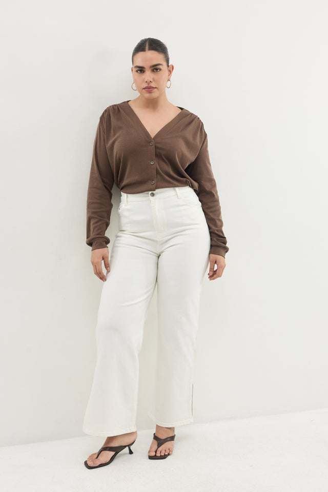 חולצת דילן מכופתרת מפתח וי כיווצים ריב קפה