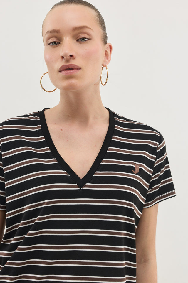 חולצת וי קוקיז פסים מפתח וי קצרה שחורה