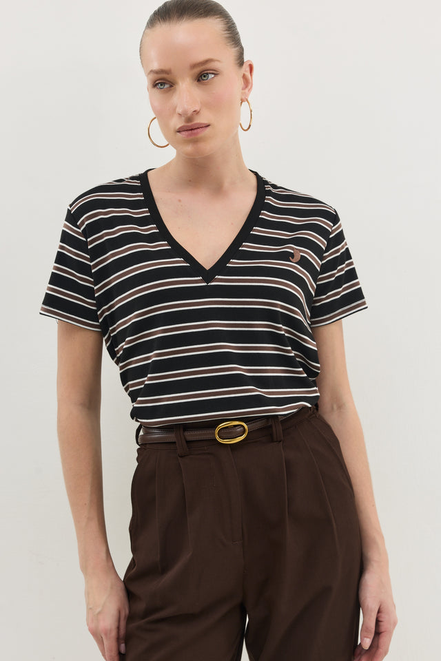 חולצת וי קוקיז פסים מפתח וי קצרה שחורה
