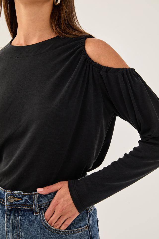חולצת ליבי דיטייל מפתח כתף אסימטרי שחורה