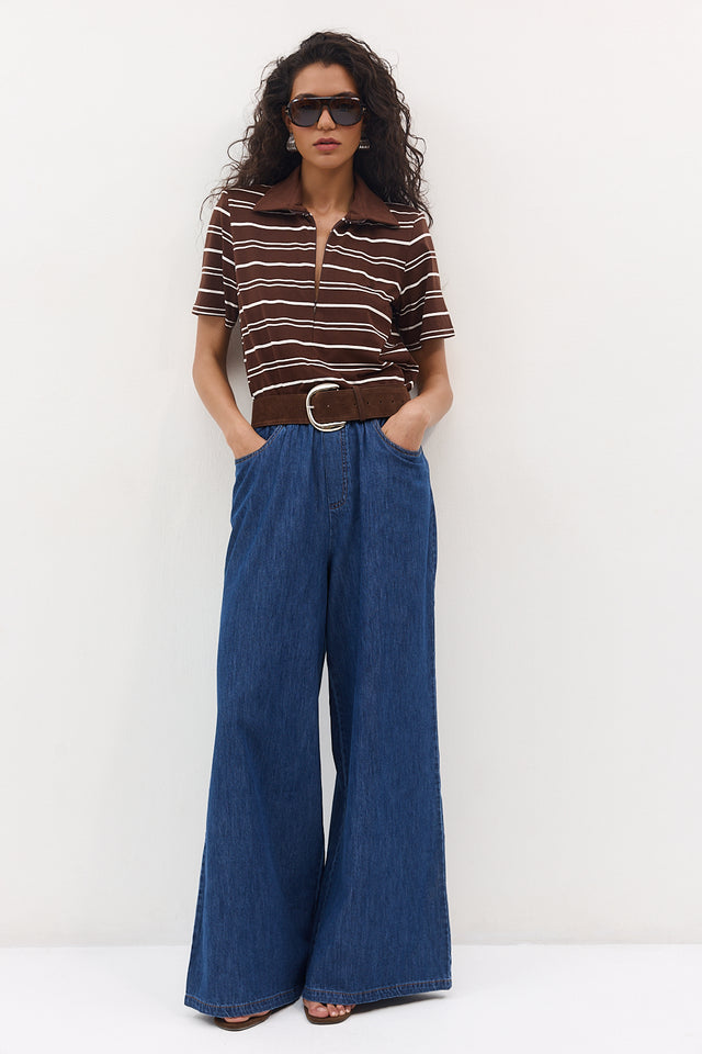 חולצת זיפר אקלייר כריות כתפיים נשלפות חום פסים