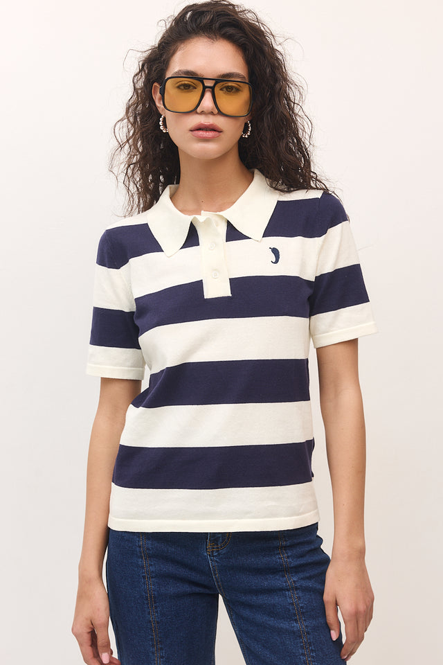 חולצת סריג פולו ספייסי קצרה פסים נייבי שמנת