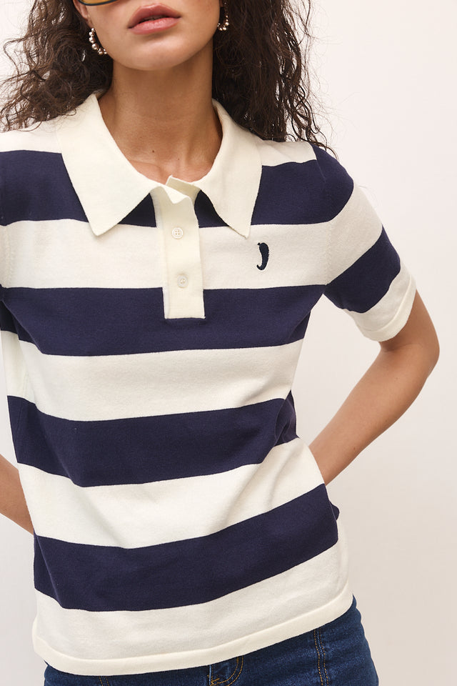 חולצת סריג פולו ספייסי קצרה פסים נייבי שמנת