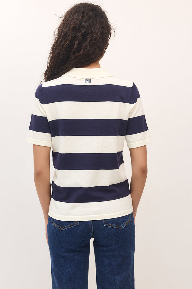 חולצת סריג פולו ספייסי קצרה פסים נייבי שמנת