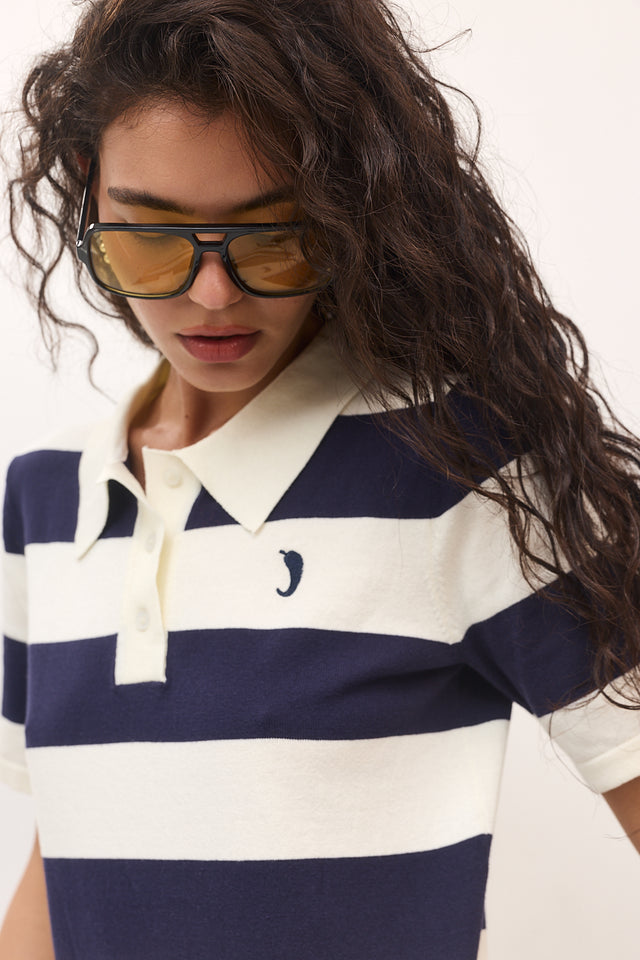 חולצת סריג פולו ספייסי קצרה פסים נייבי שמנת