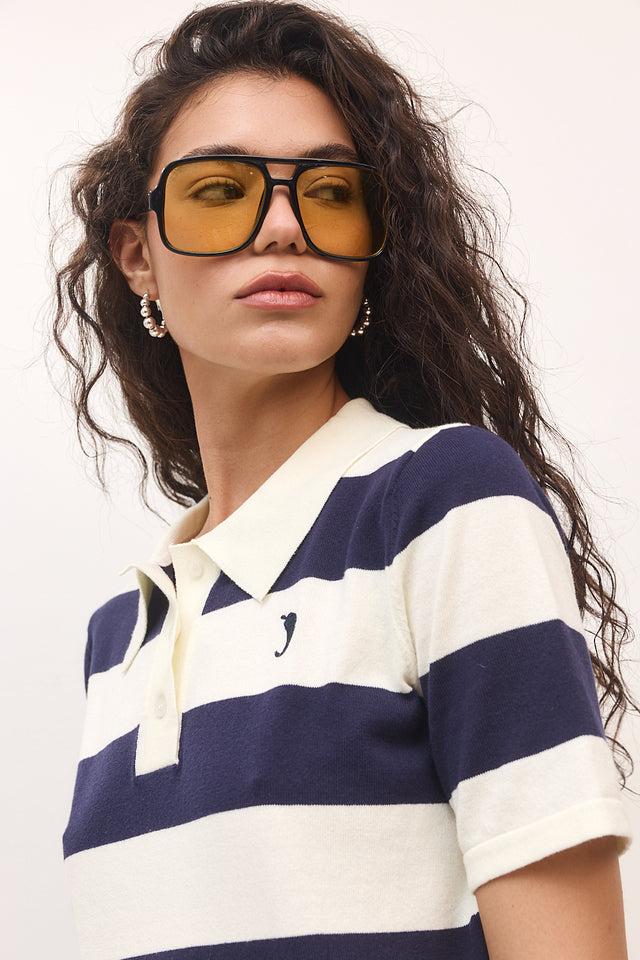 חולצת סריג פולו ספייסי קצרה פסים נייבי שמנת