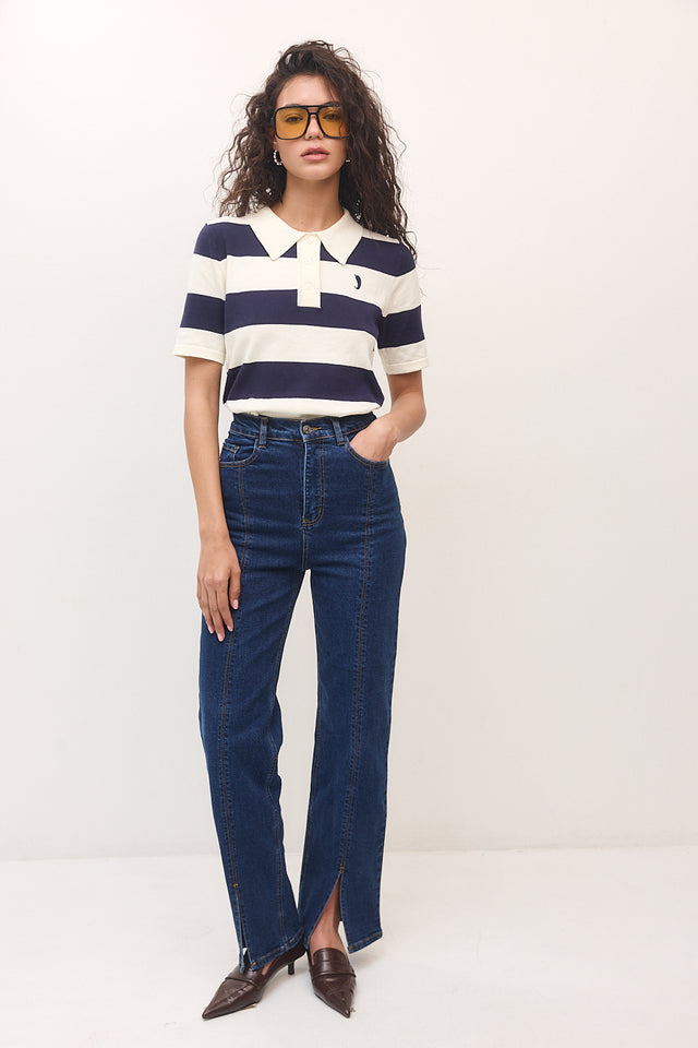 חולצת סריג פולו ספייסי קצרה פסים נייבי שמנת