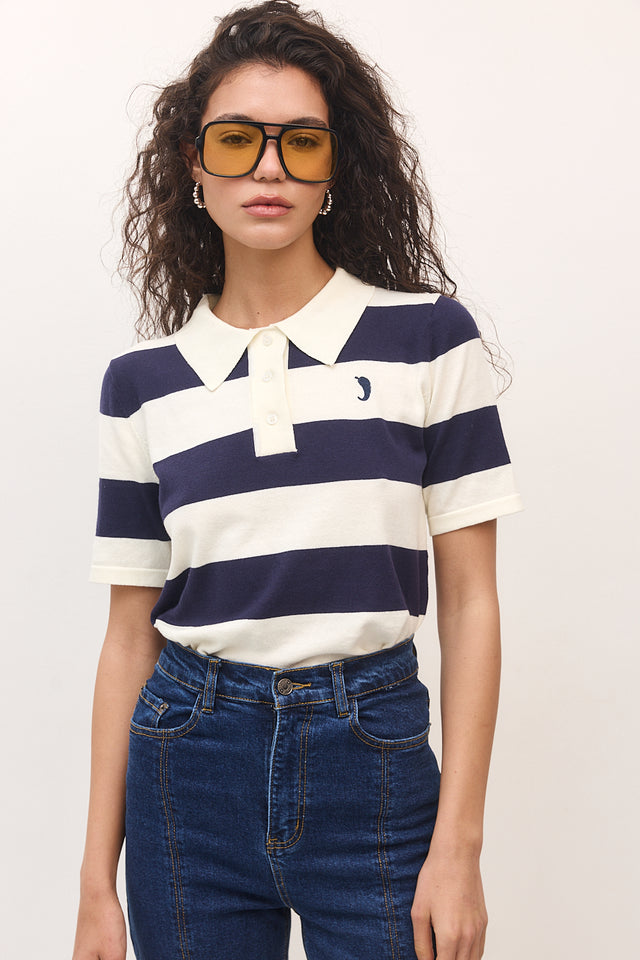 חולצת סריג פולו ספייסי קצרה פסים נייבי שמנת