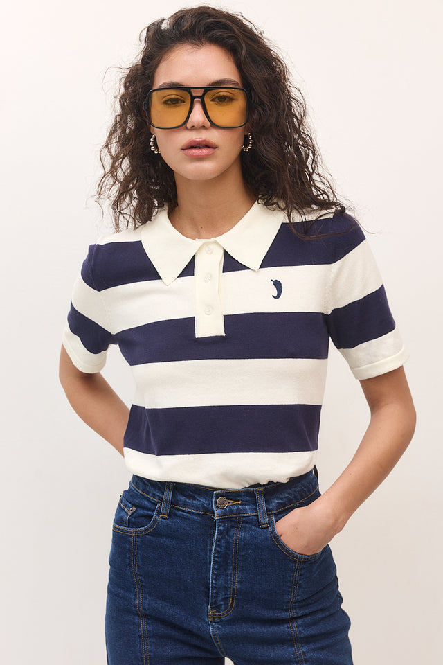 חולצת סריג פולו ספייסי קצרה פסים נייבי שמנת