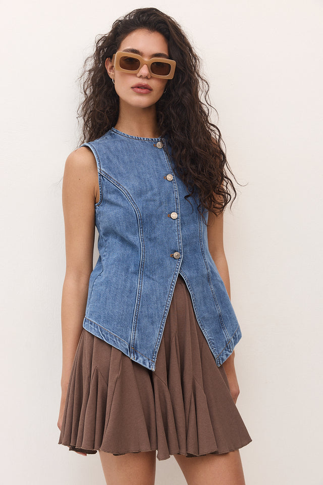 וסט בייקרי ג'ינס מפתח אסימטרי כחול וינטג'